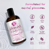 Image of a bottle of Sliquid Organics Natural Ultra Thick Aloe-Based Lube from Sliquid, featuring organic botanical extracts, with the text "Formulated for natural pleasures." Icons show that the product is glycerin-free, gluten-free, vegan-friendly, free from sugar alcohol derivatives, and water-based with a pH balance of 4.0-4.4.